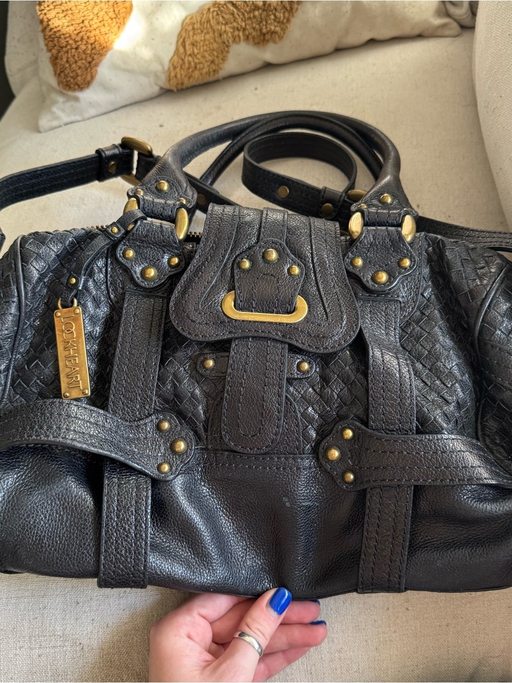 Lockheart Black Leather Braided Studded Satchel Handbag - Picture 4 of 9